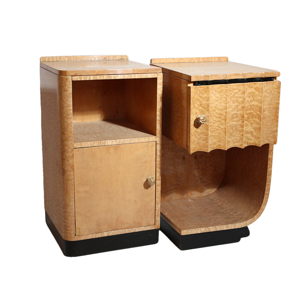Art Deco pair of quilted maple bedside cabinets by Hille