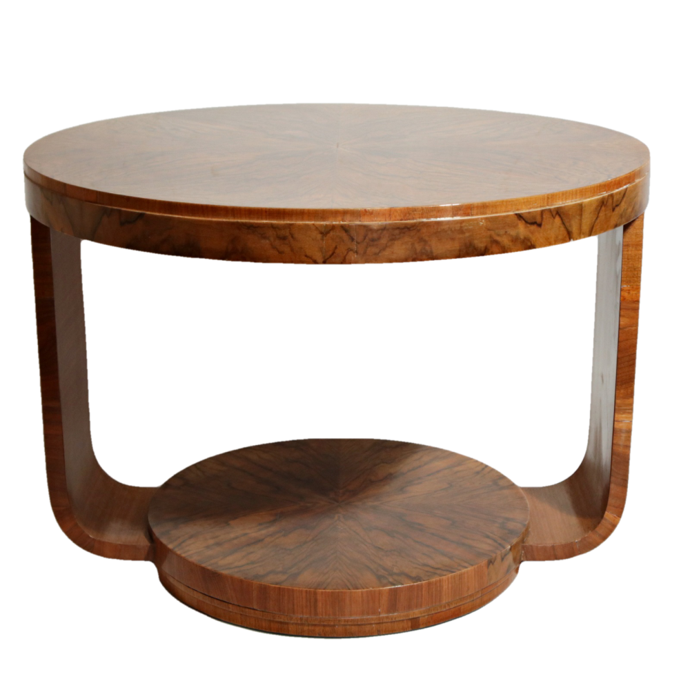 Fine Art Deco figured walnut u-based coffee table.