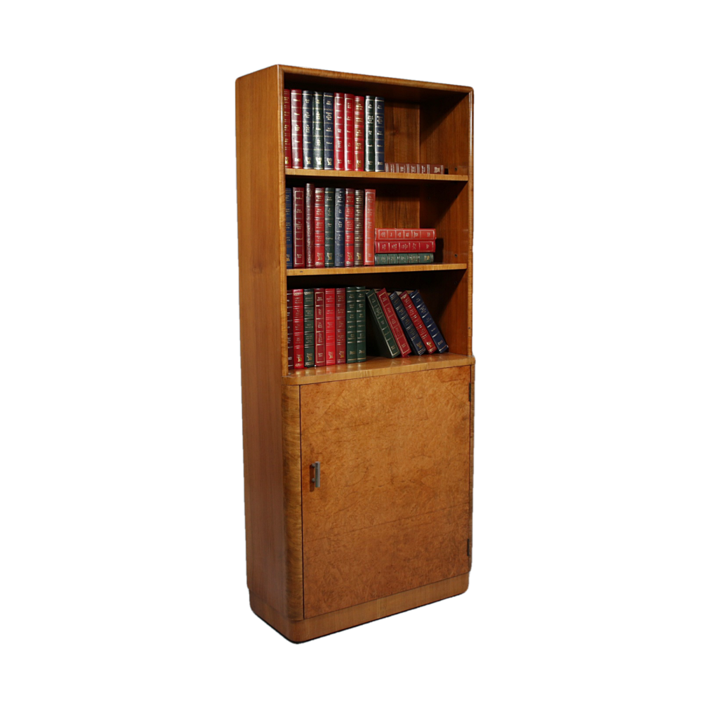 Art Deco burr walnut bookcase of unusual slim proportions