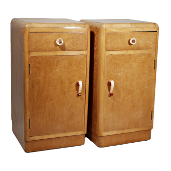 Pair of Art Deco birds eye maple bedside cabinets with original handles