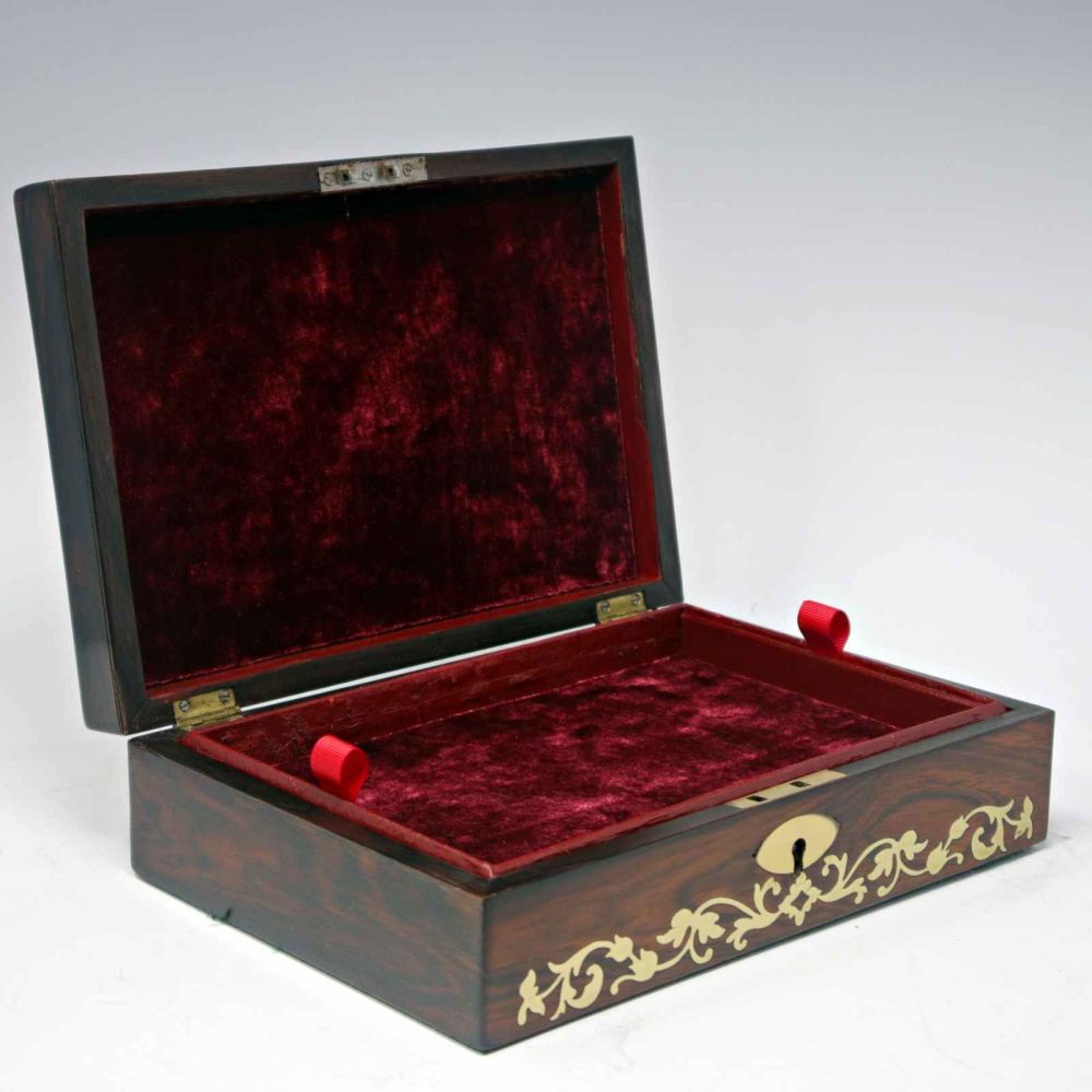 Antique rosewood inlaid jewellery box.