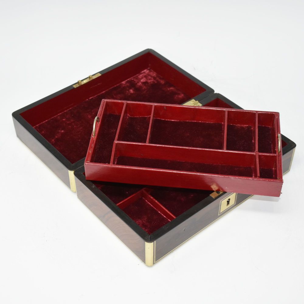 Antique rosewood jewellery box with brass banding & inlay.