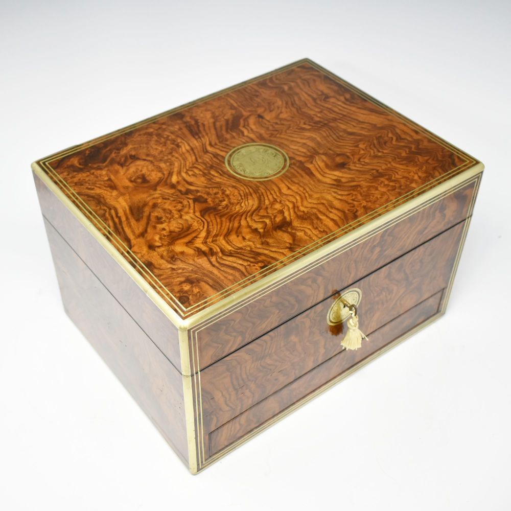 Fine antique figured walnut jewellery box by Parkins & Gotto