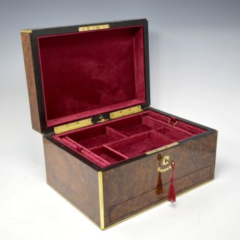 Antique burr walnut jewellery box by Pearce of Cornhill.