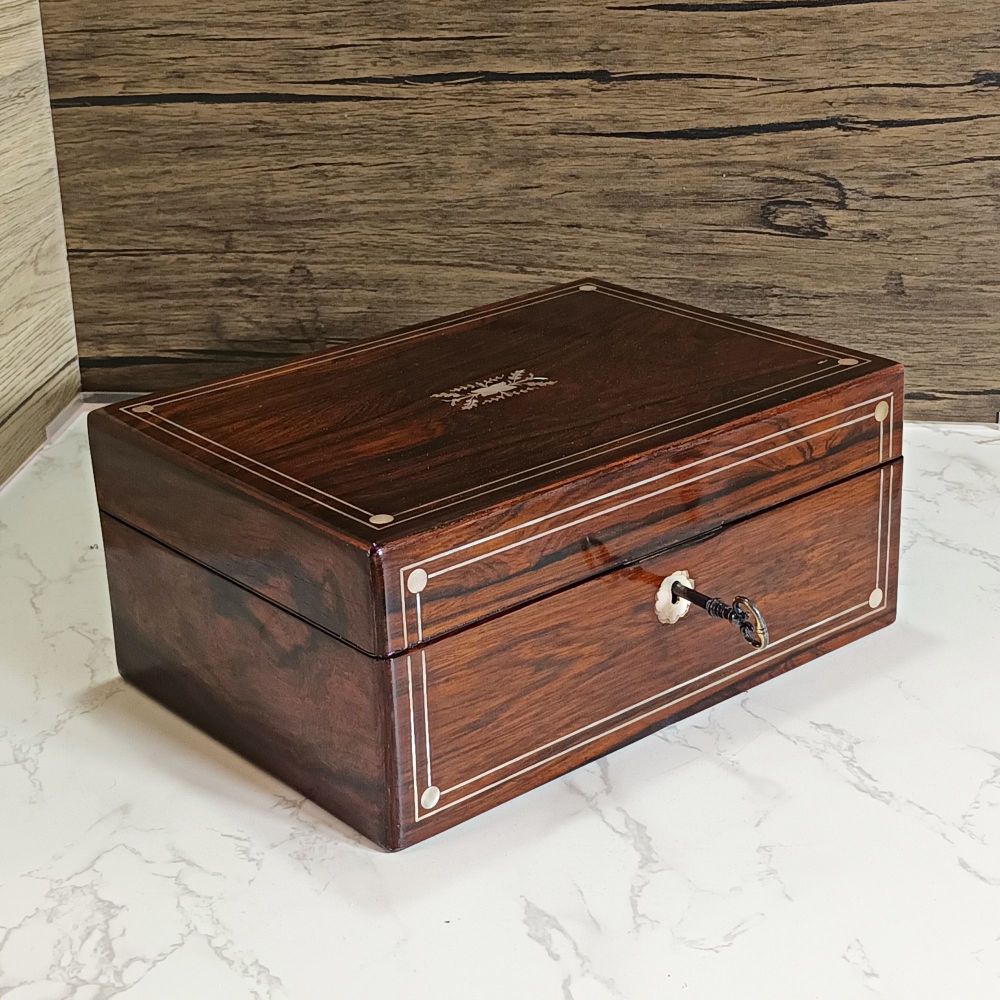 Victorian rosewood & pewter inlaid travel box.