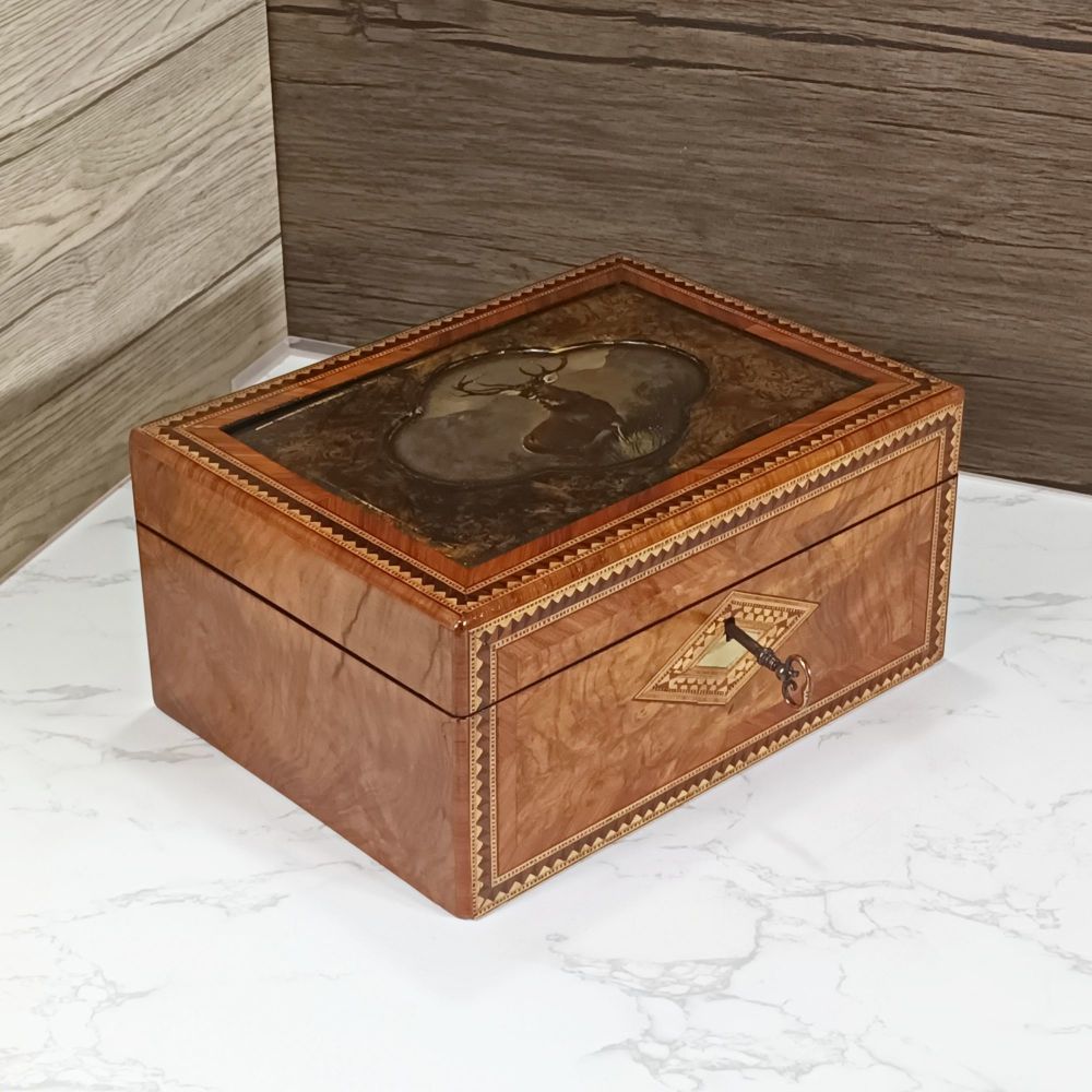 Victorian walnut jewellery box with stag painting.