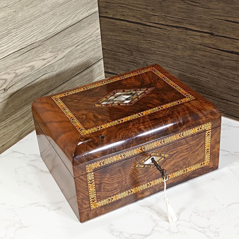 Large Victorian walnut inlaid jewellery box.