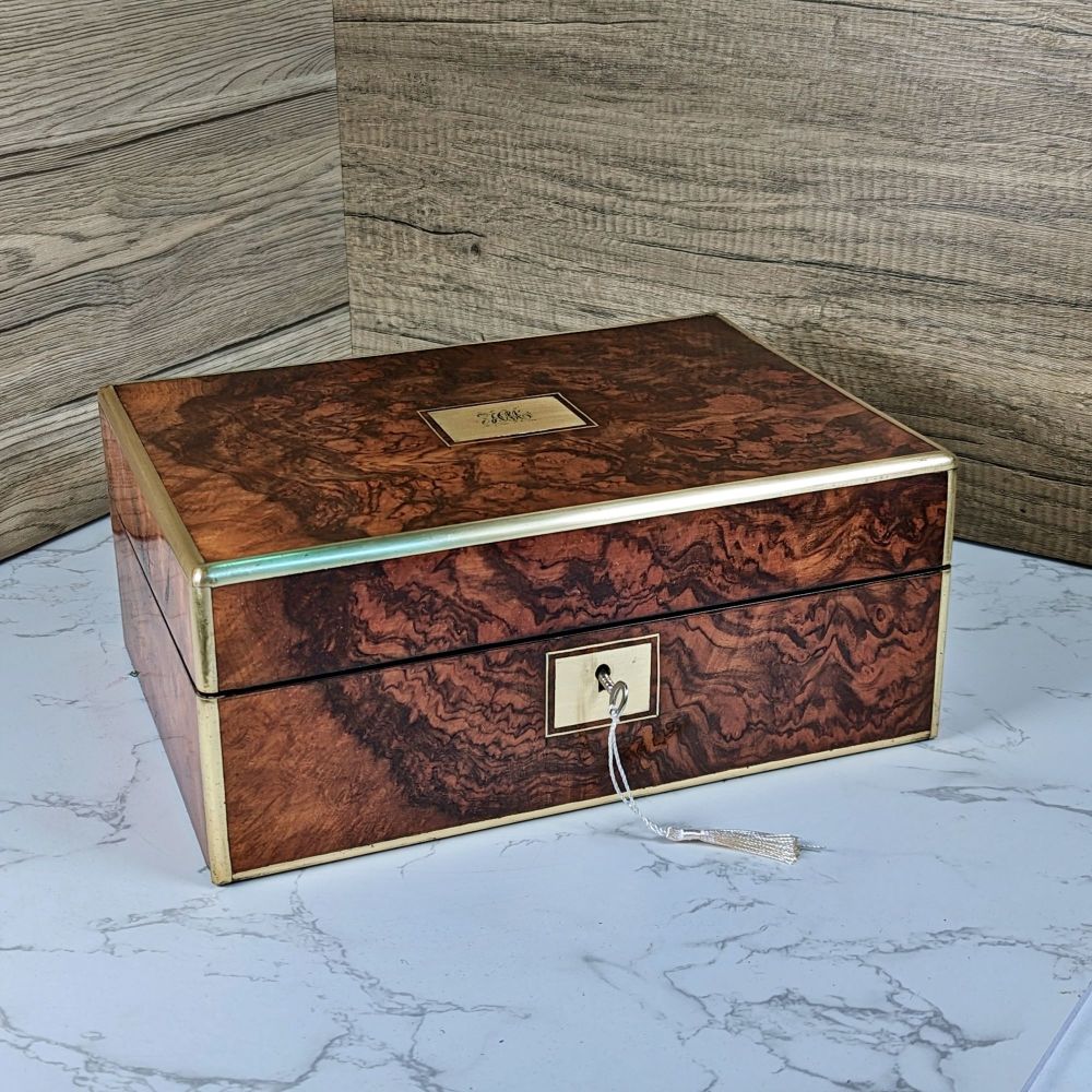 Victorian burr walnut & brass banded box.