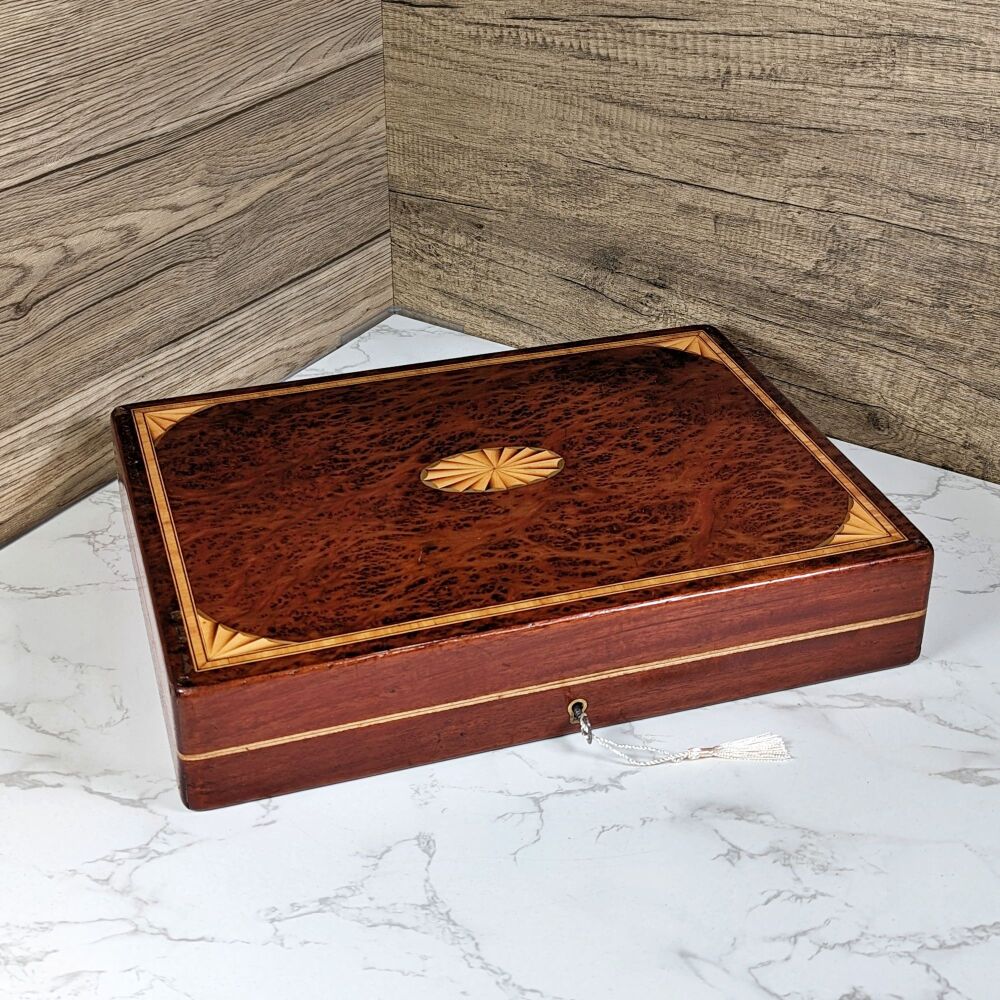 Edwardian amboyna & mahogany document / laptop box.