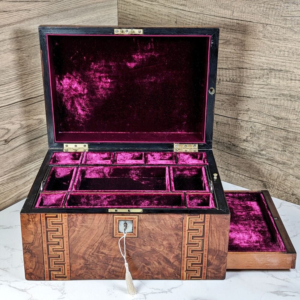 Victorian walnut & inlaid jewellery box with drawer.