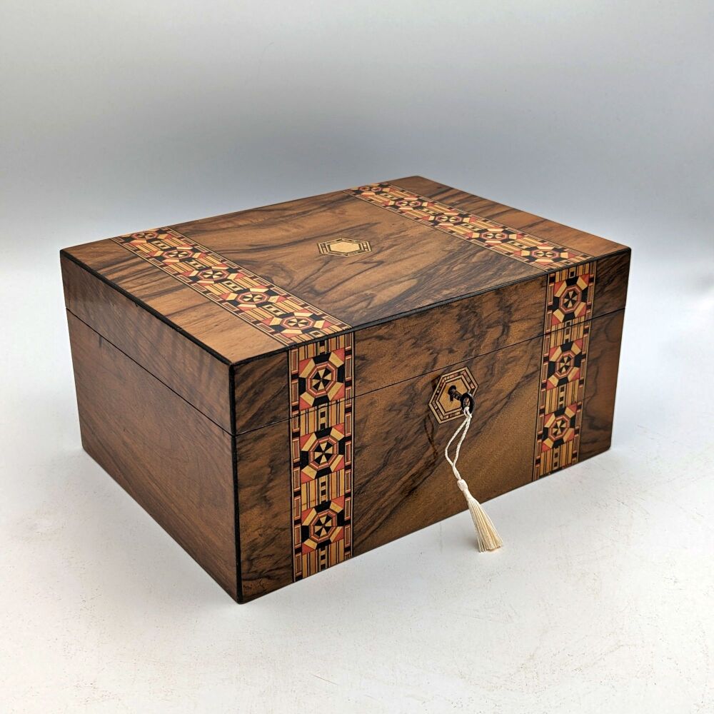 Large Victorian walnut &  inlaid jewellery box.