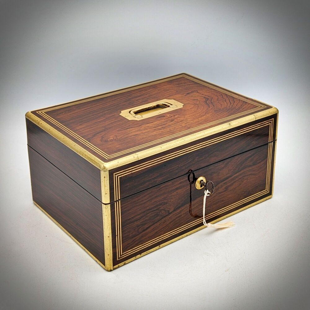 Early Victorian rosewood & brass inlaid jewellery box.