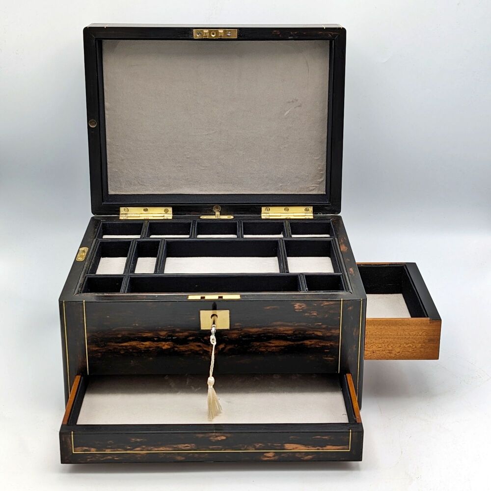 Fine Victorian coromandel & brass inlaid jewellery box.