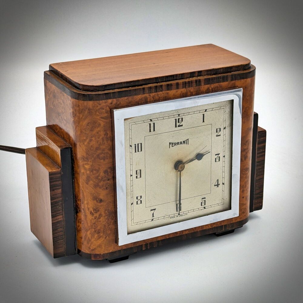 Art Deco Ferranti walnut electric mantel clock.