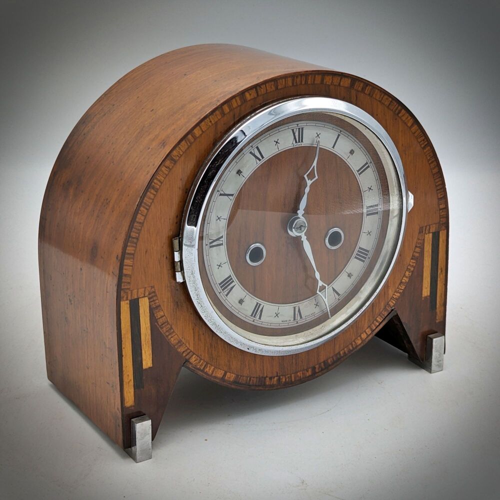 Art Deco walnut & inlaid 8 day mantel clock.
