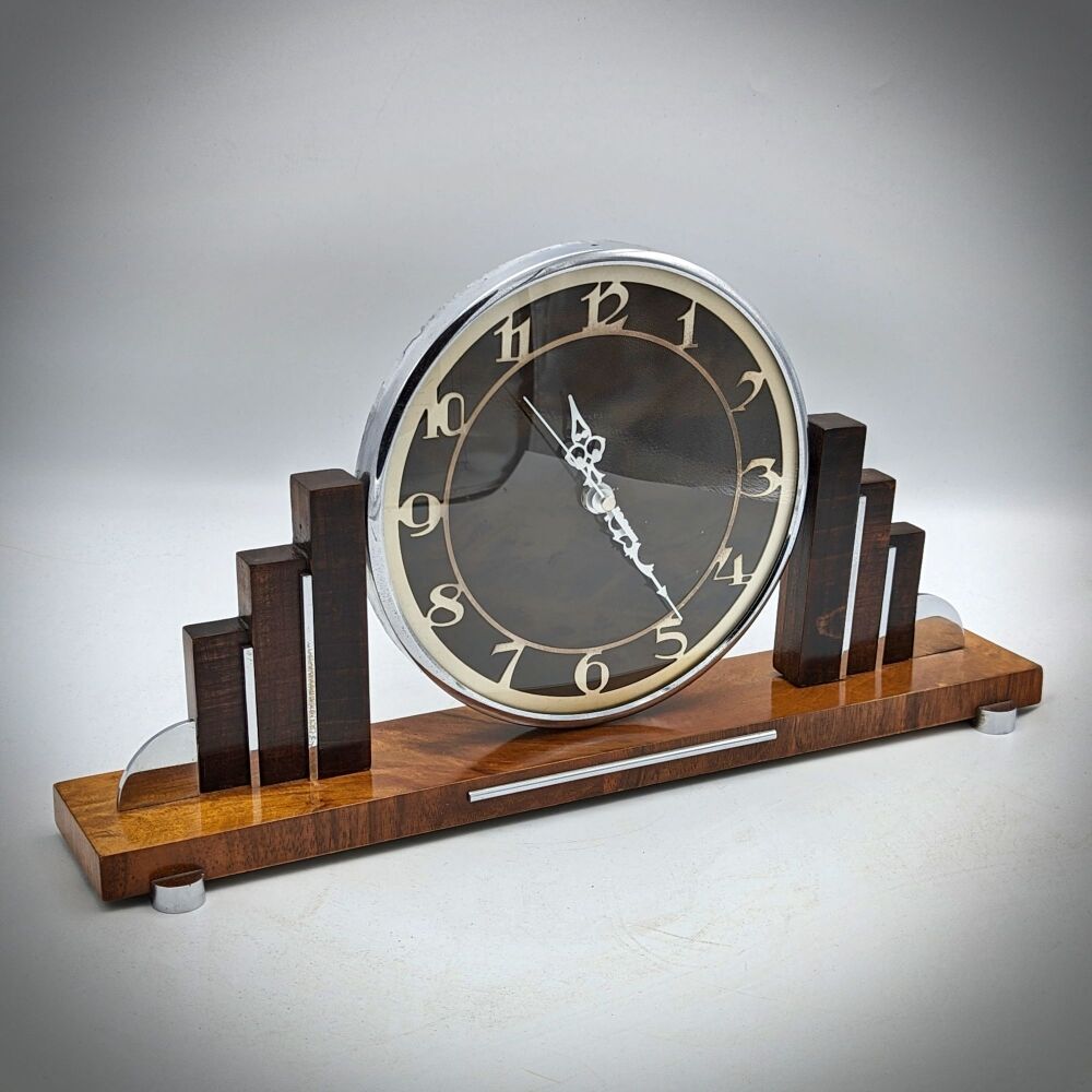 Large & Stylish Art Deco walnut & chrome mantel clock.