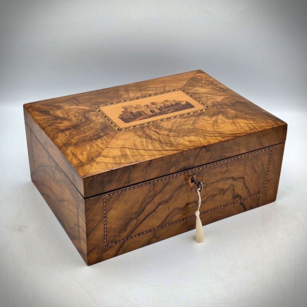 Large tunbridge ware walnut jewellery box.