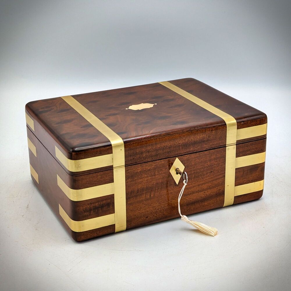 Good early Victorian mahogany & brass banded box.