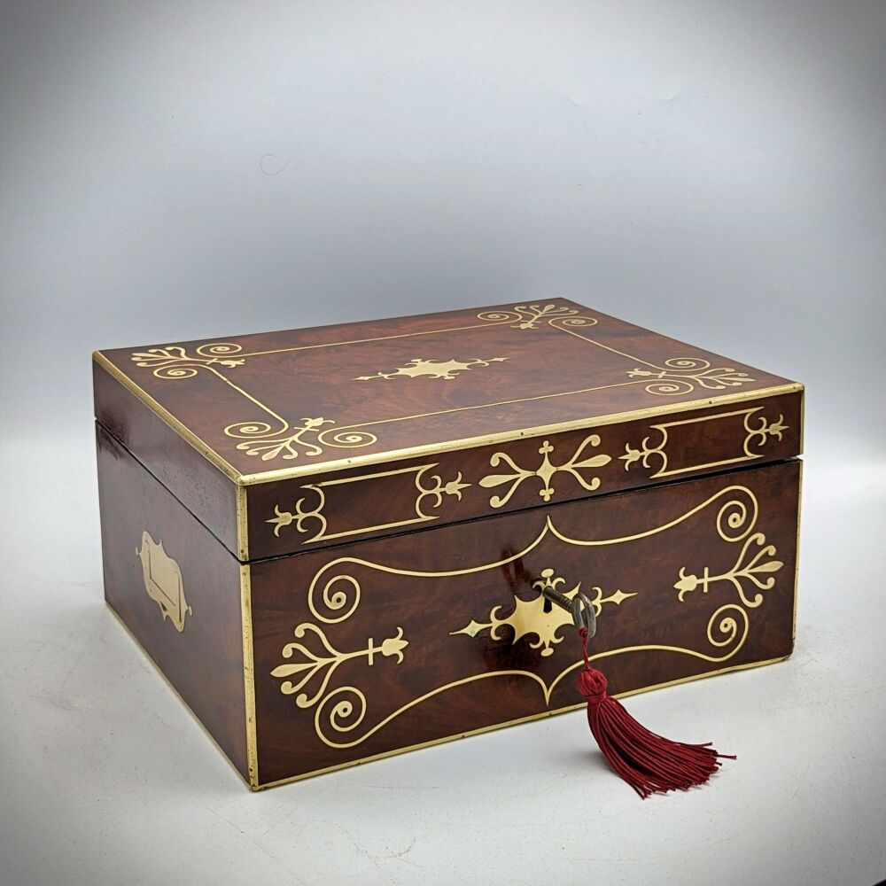 Exceptional large Regency mahogany & brass inlaid table box.