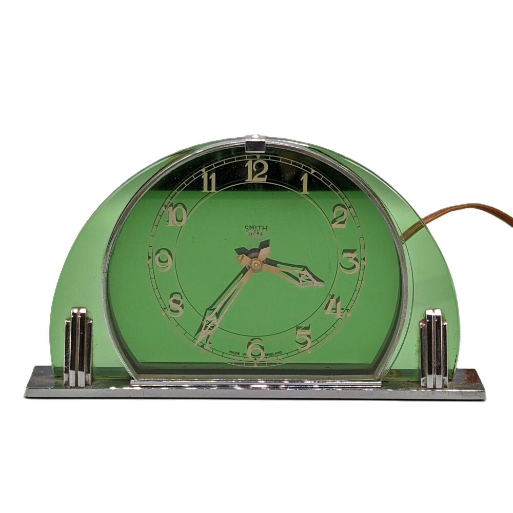 Smiths Art Deco green glass electric mantel clock.