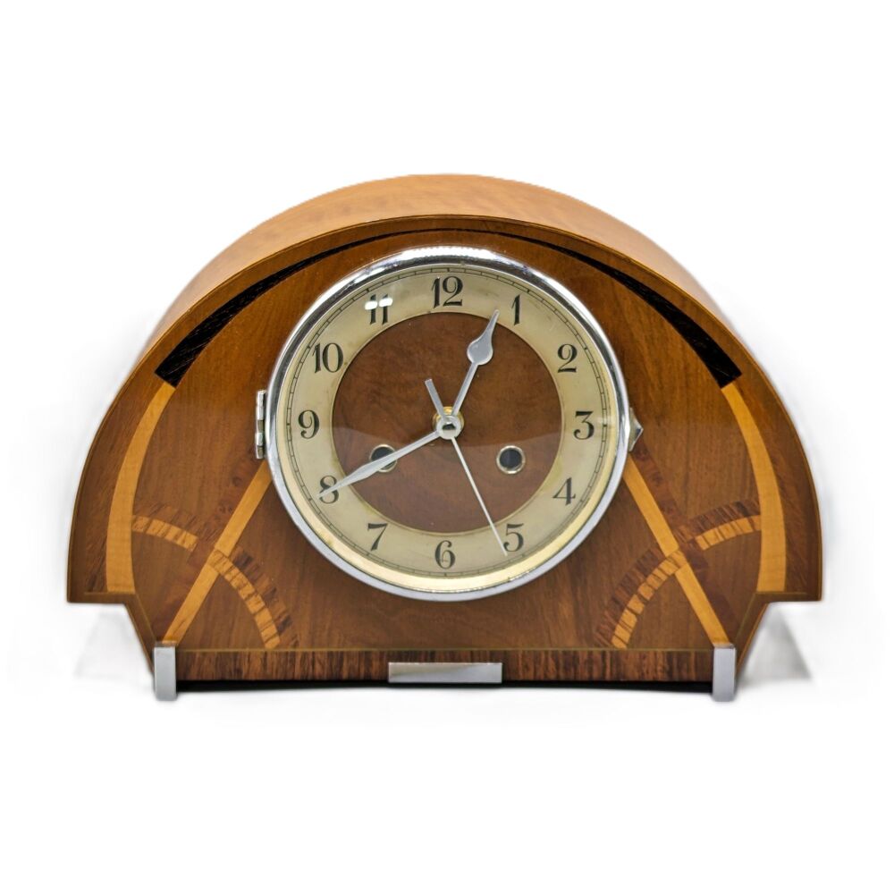 Good Art Deco walnut & inlaid mantel clock.