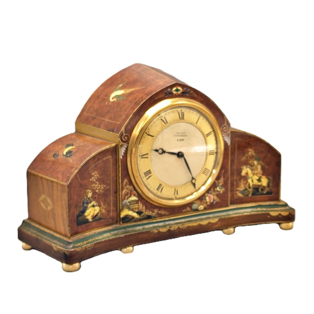 Fine antique walnut chinoiserie 8 day mantel clock.