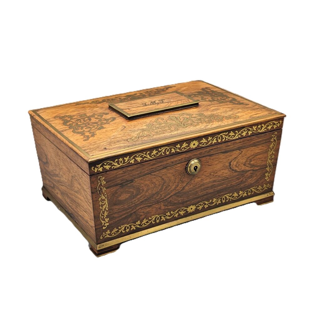 Exceptional quality Regency rosewood & brass inlaid sewing box.
