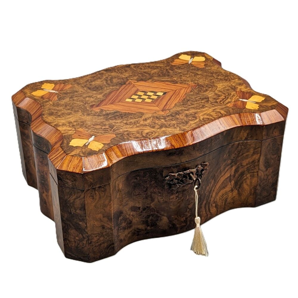 Large and unusual burr walnut & inlaid table / jewellery box.