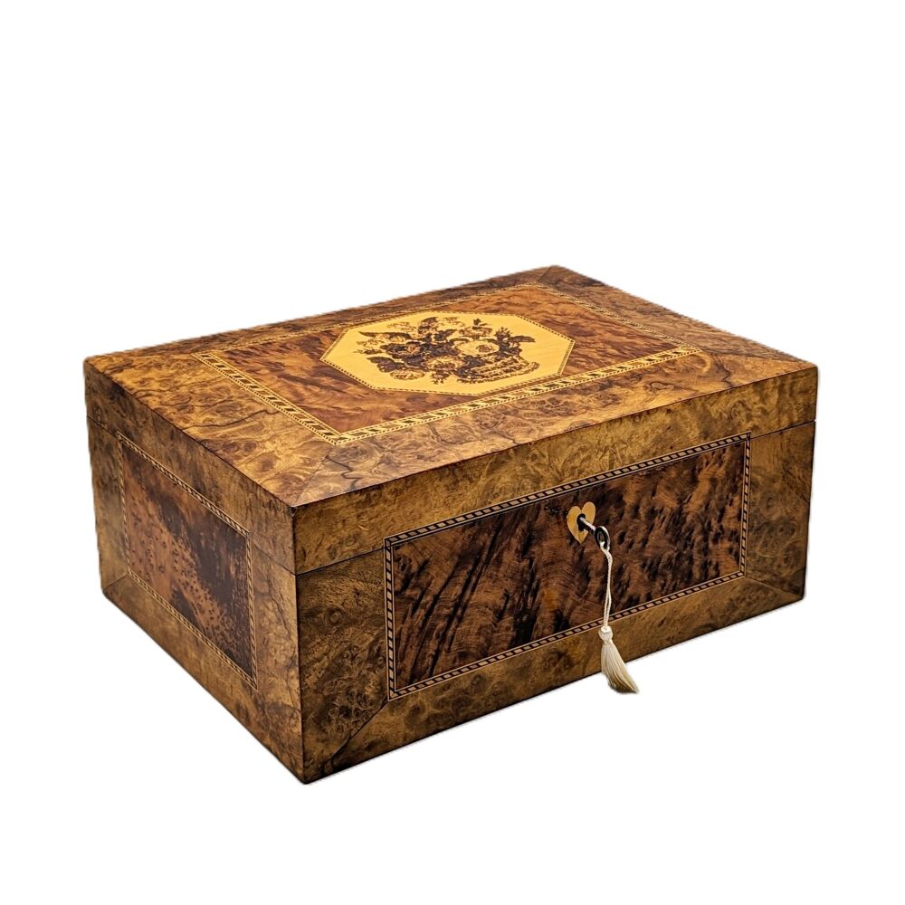 Large Victorian burr walnut tunbridge ware jewellery box.