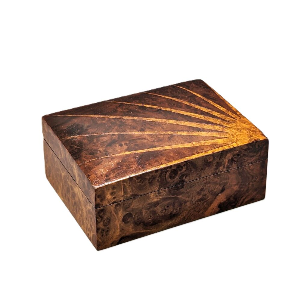 Art Deco burr wood sunburst trinket box.