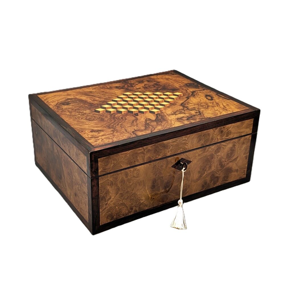 Victorian burr walnut jewellery / sewing box.