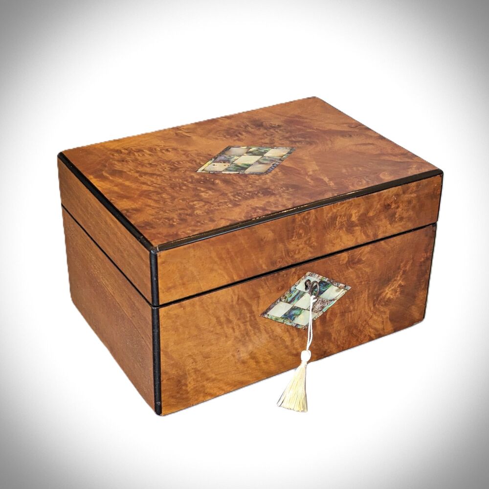 Victorian burr walnut & inlaid jewellery box.