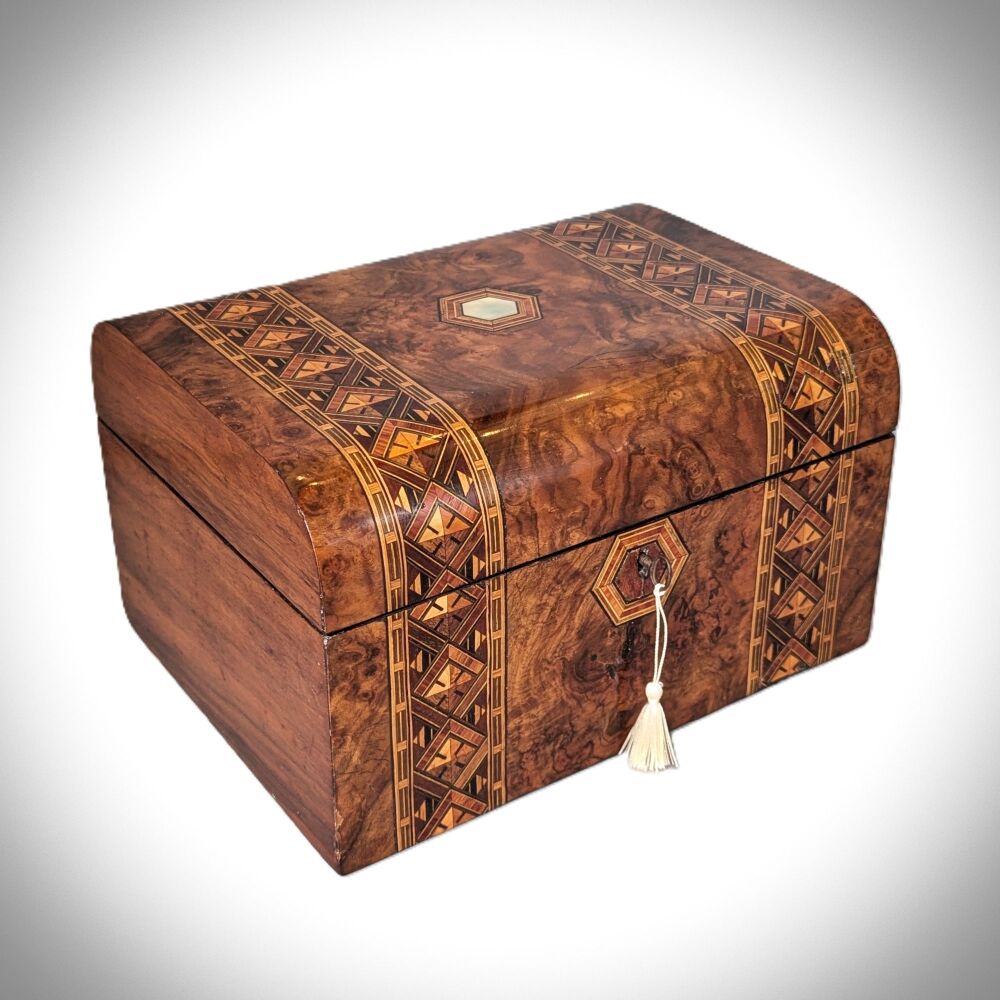 Large Victorian burr walnut & inlaid jewellery box.
