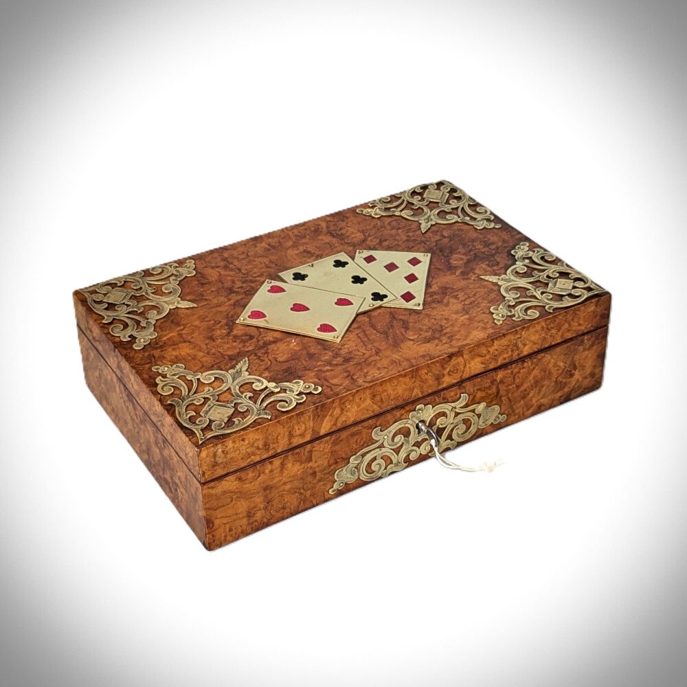 Fine Victorian burr walnut & brass mouted playing card box.