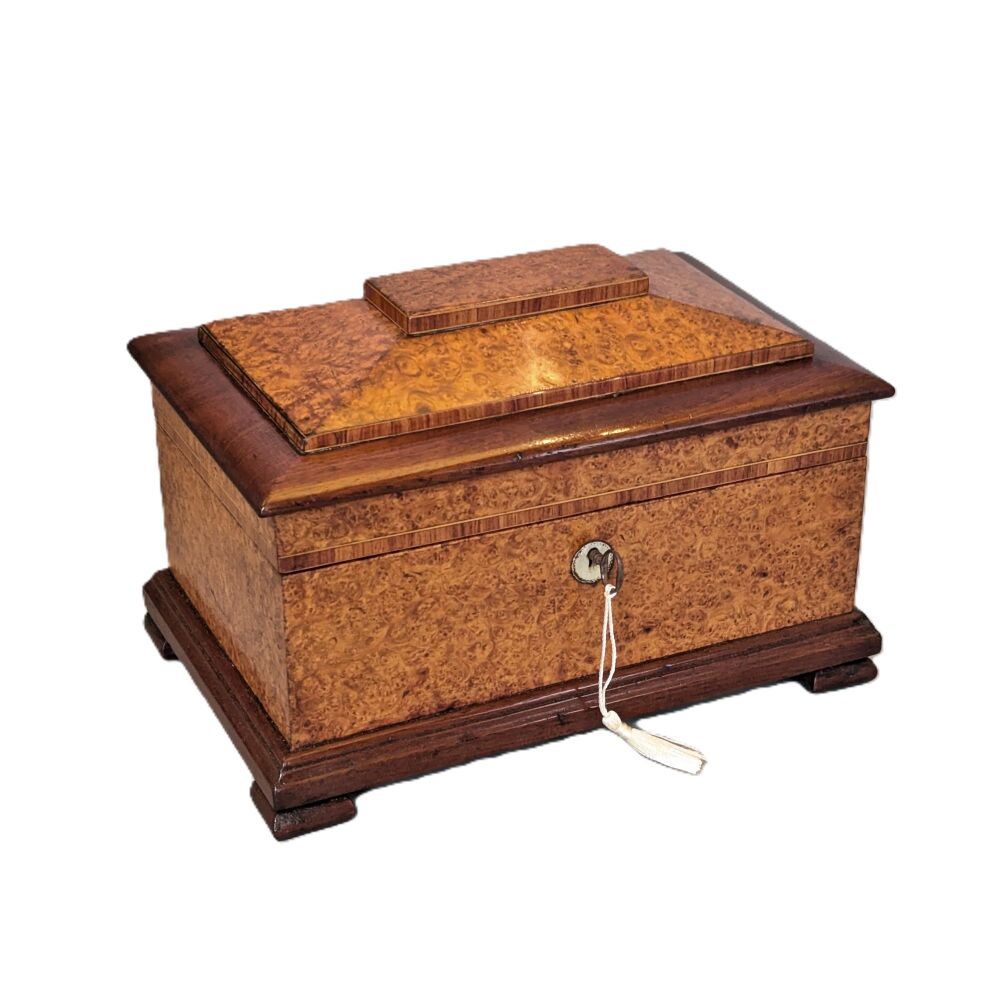 Charming Victorian burr walnut tea caddy with secret dedication.