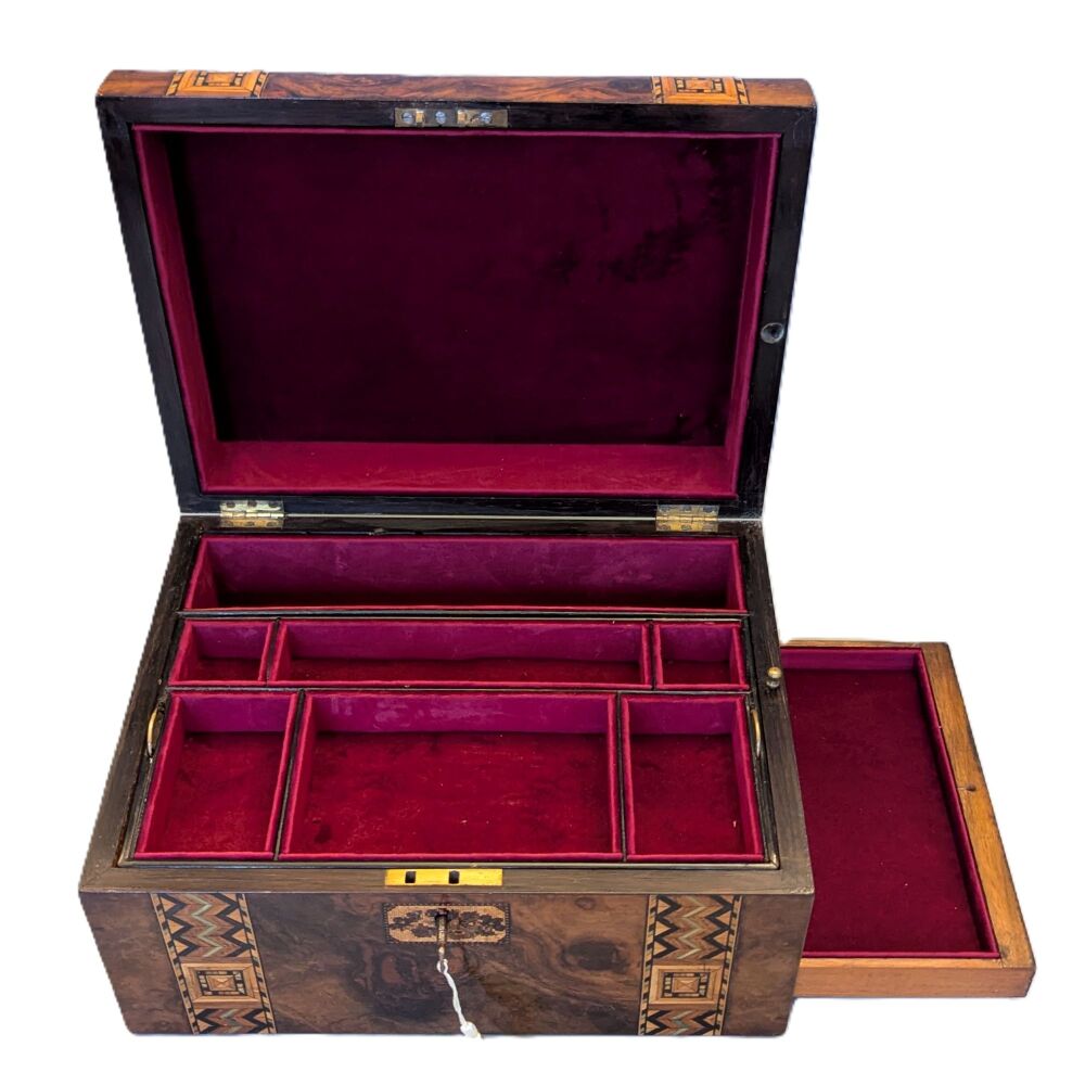 Large Victorian burr walnut inlaid jewellery box