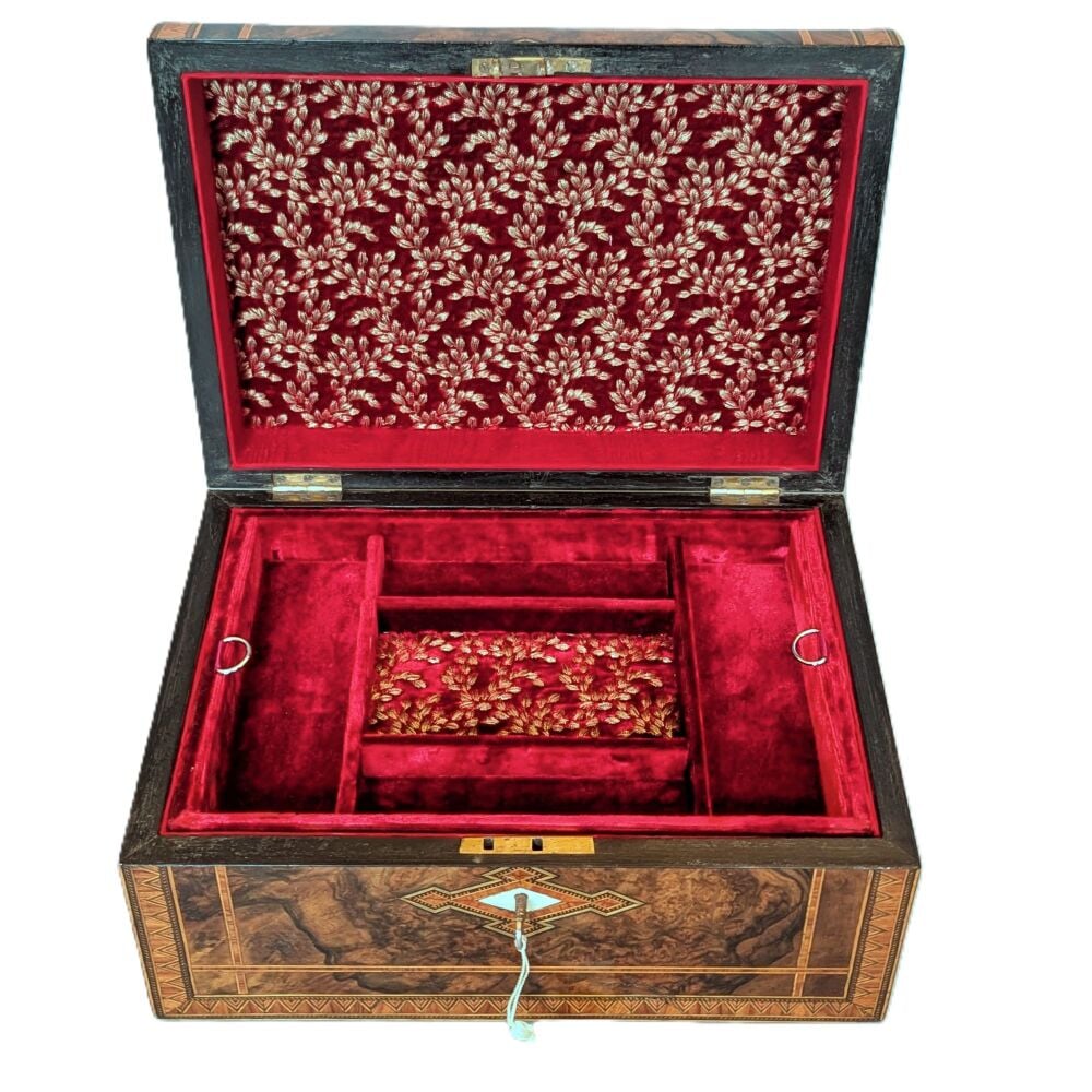 Superb Victorian burr walnut & inlaid jewellery box.