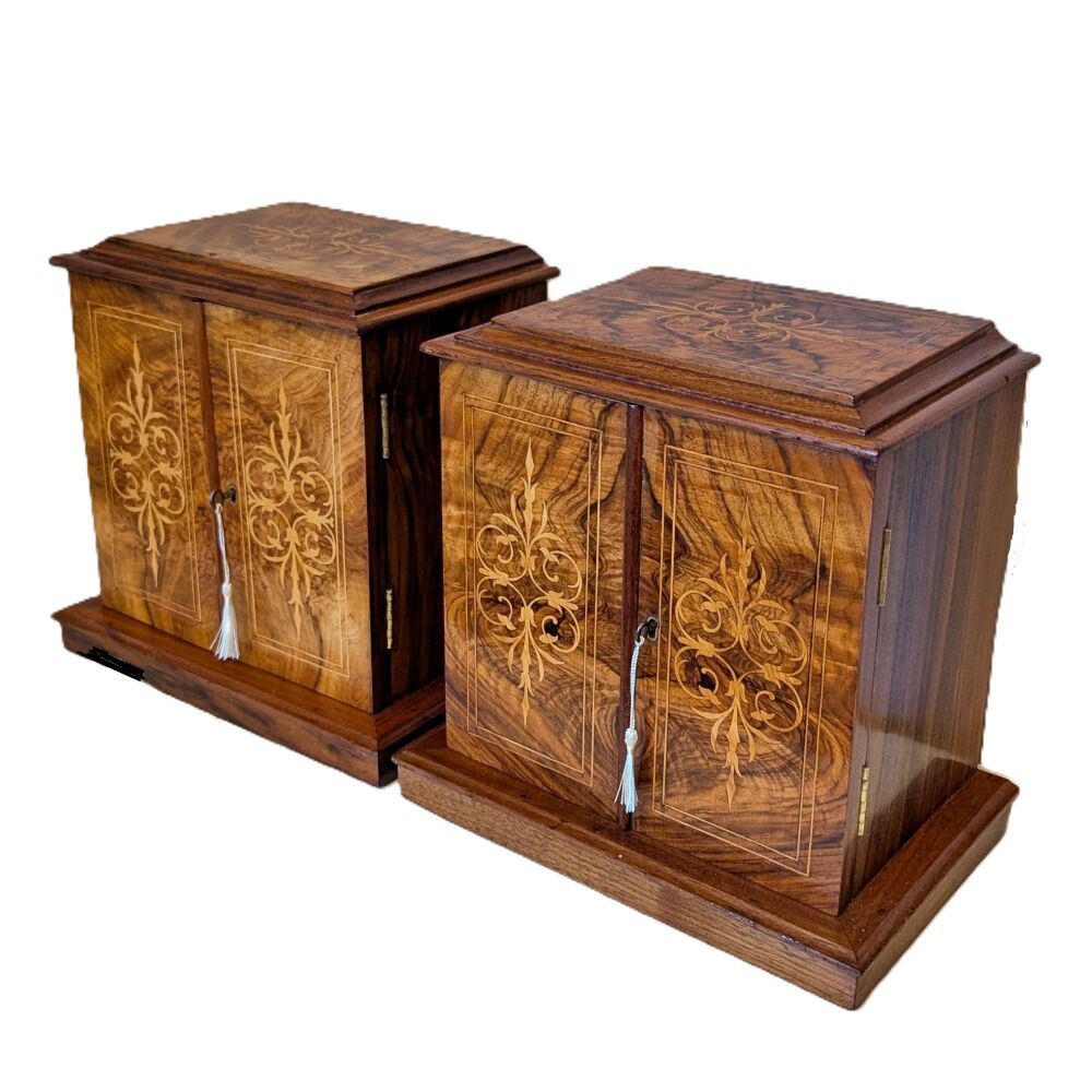 Fine pair of Victorian walnut & inlaid table cabinets.