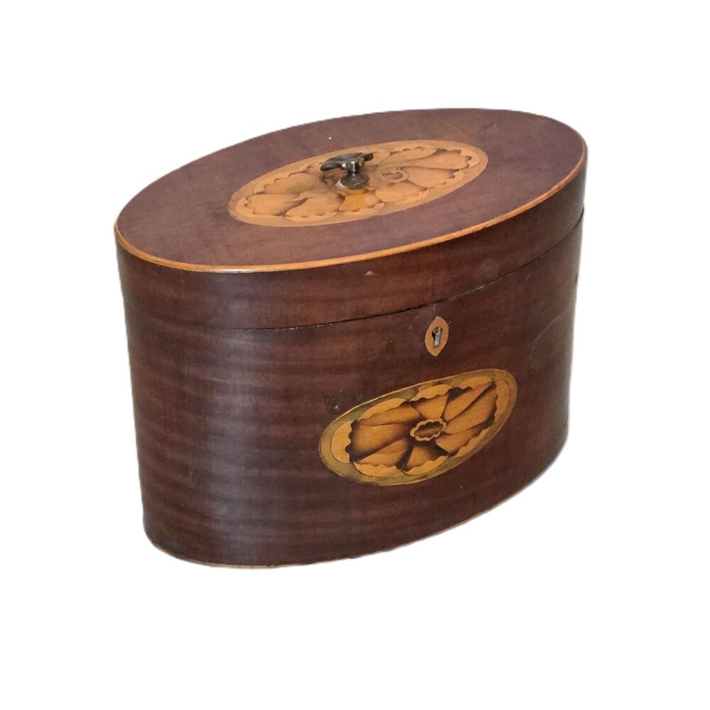 Antique Georgian oval inlaid tea caddy.