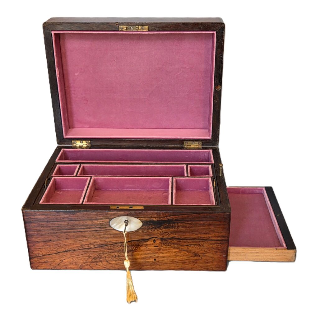 Victorian rosewood jewellery box with drawer.