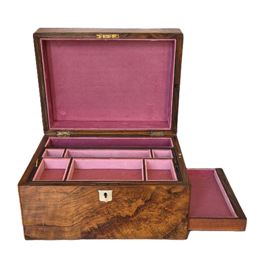 Victorian walnut jewellery box with drawer.