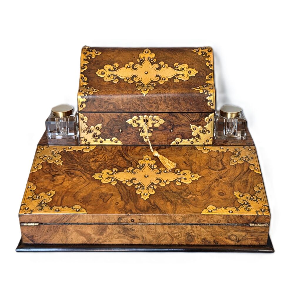 Fine Victorian burr walnut desk compendium stationery cabinet.