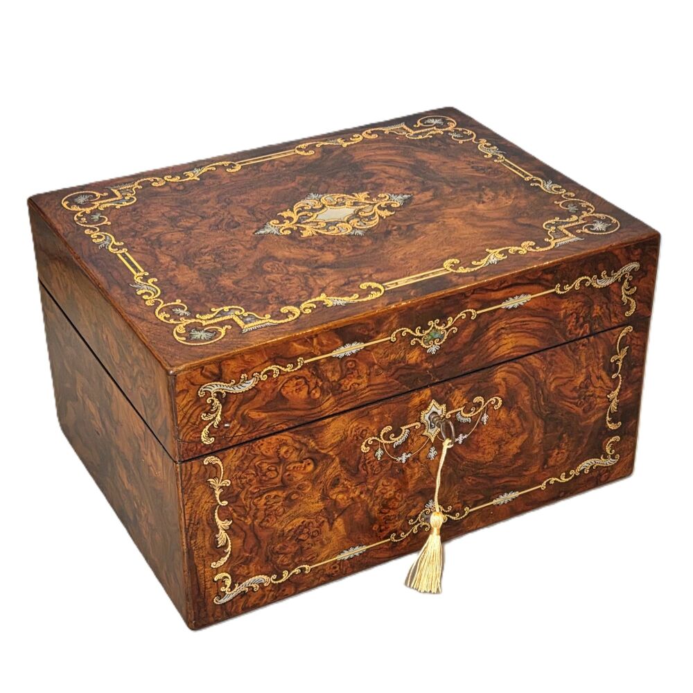 Stunning Victorian burr walnut & inlaid jewellery box.