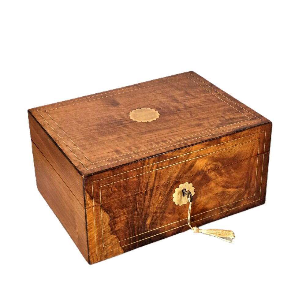 Victorian walnut & brass inlaid jewellery box.