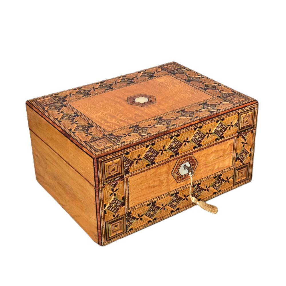 Rare Victorian inlaid ash jewellery box.