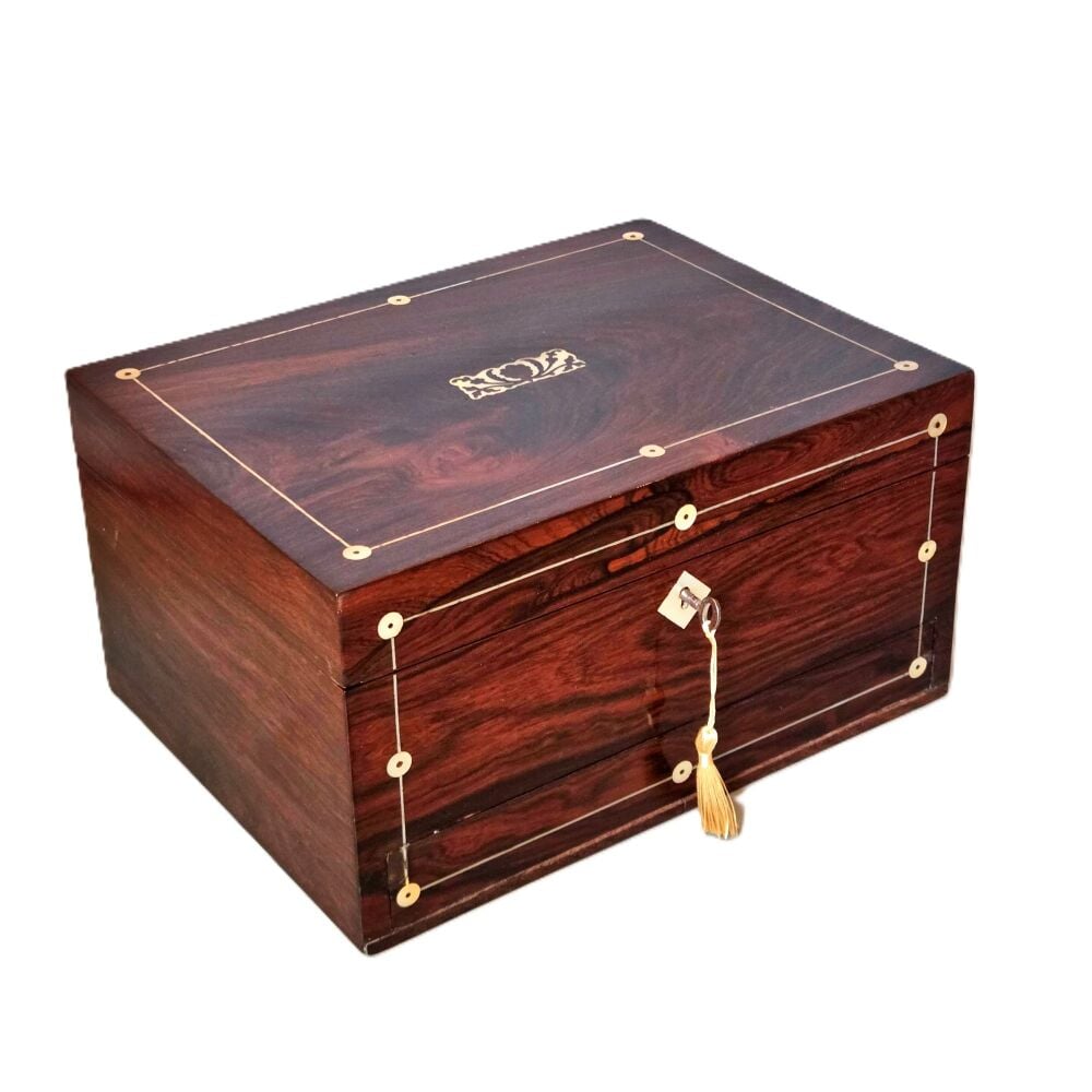 Victorian rosewood & inlaid jewellery box with drawer.