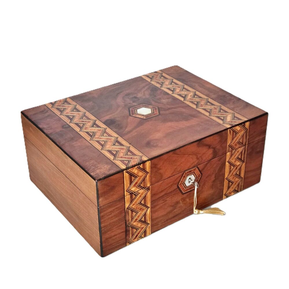 Victorian walnut & inlaid jewellery / sewing box.