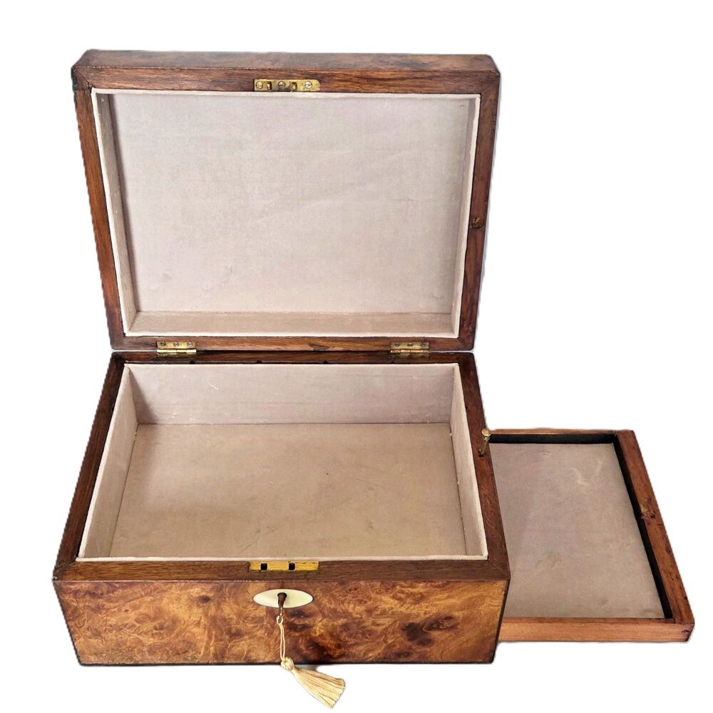 Victorian burr walnut jewellery box with drawer.