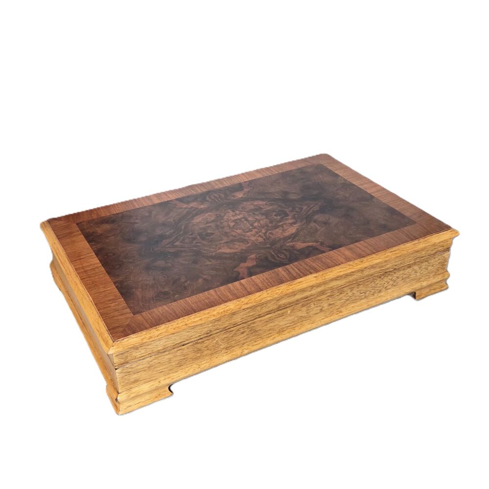 Extra large Art Deco burr walnut & oak table box.