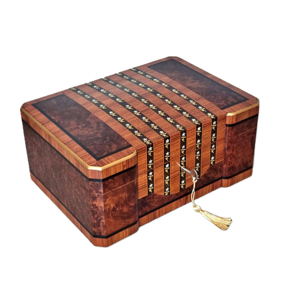 Superb French inlaid tulipwood & amboyna jewellery box.